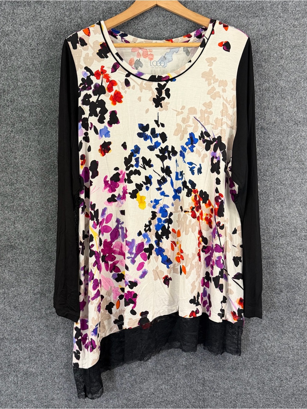 Logo Lori Goldstein Womens 2X Floral Tunic Top Long Sleeve Lace Hem Stretch